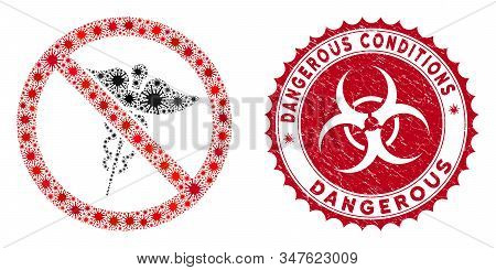 Coronavirus Mosaic No Medical Caduceus Icon And Rounded Corroded Stamp Seal With Dangerous Condition
