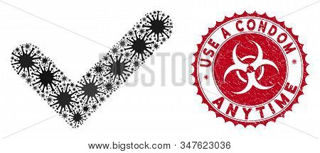 Coronavirus Mosaic Yes Icon And Round Rubber Stamp Seal With Use A Condom Anytime Caption. Mosaic Ve