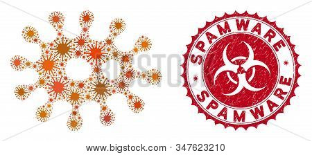 Coronavirus Mosaic Pathogen Icon And Round Grunge Stamp Watermark With Spamware Text. Mosaic Vector 