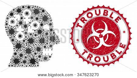 Coronavirus Collage Psychosexual Disorder Icon And Round Rubber Stamp Seal With Trouble Caption. Mos