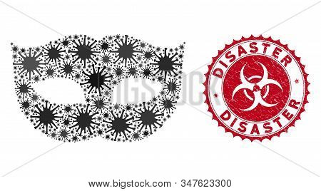 Coronavirus Mosaic Privacy Mask Icon And Rounded Grunge Stamp Seal With Disaster Caption. Mosaic Vec