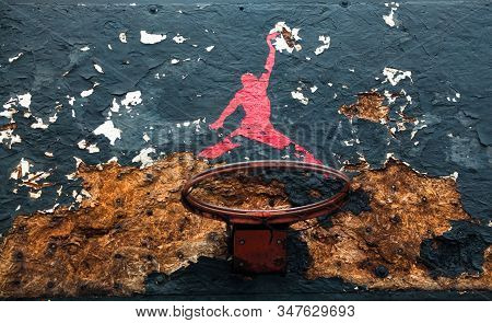 Kyiv, Ukraine -  February 1, 2018: Jumpman Logo By Nike Painted On The Old Black Backboard Of The Ba