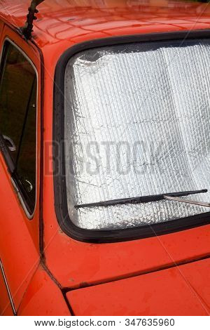 Old Car. Foil Sunshades On The Windshield (windscreen). Car Windshield Sun Shades. Sun Protection. C