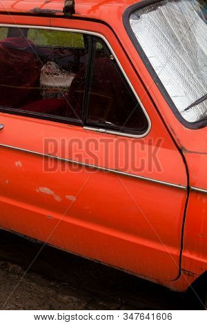 Old Car. Foil Sunshades On The Windshield (windscreen). Car Windshield Sun Shades. Sun Protection. C