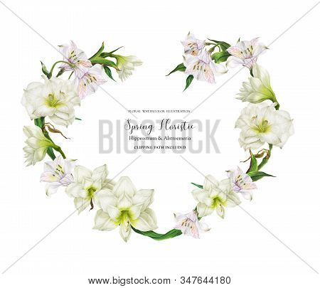 Bridal Heart Shape Wreath With White Flowers, Realistic Watercolor Illustration With Clipping Path