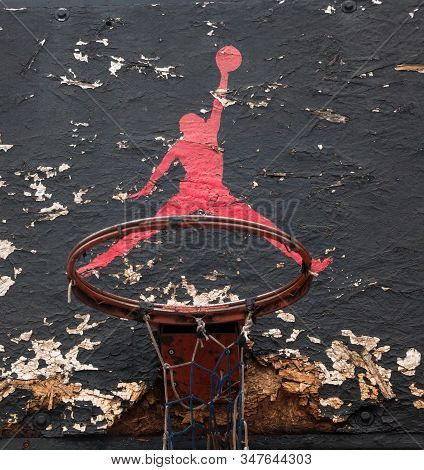 Kyiv, Ukraine -  February 1, 2018: Jumpman Logo By Nike Painted On The Old Black Backboard Of The Ba