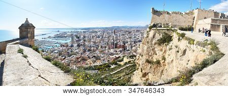 Alicante, Spain - January 26 2020: Large Panoramic View Of The Top Of Santa Barbara Castle Located O