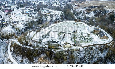 Aerial View Of Medieval Castle Mound In Belarusian City Of Mstislavl. Travel Concept.