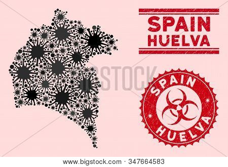 Coronavirus Collage Huelva Province Map And Red Grunge Stamp Seals With Biohazard Symbol. Huelva Pro
