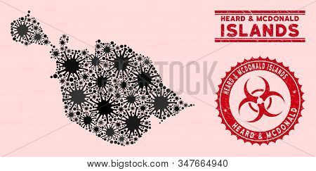 Coronavirus Mosaic Heard And Mcdonald Islands Map And Red Corroded Stamp Watermarks With Biohazard S