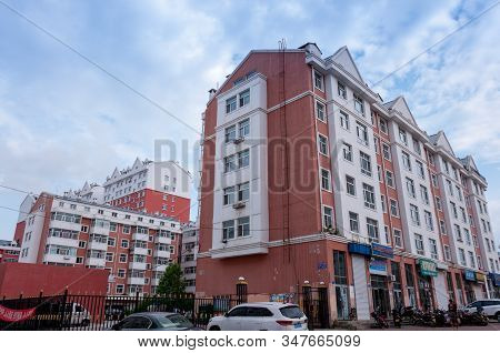 China, Heihe, July 2019: Residential Building, Streets Of The Chinese City Of Heihe In The Summer