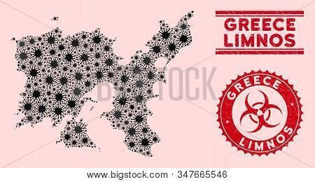 Coronavirus Collage Limnos Greek Island Map And Red Rubber Stamp Watermarks With Biohazard Symbol. L