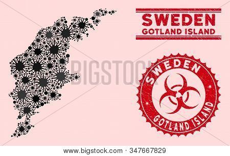 Coronavirus Collage Gotland Island Map And Red Rubber Stamp Watermarks With Biohazard Symbol. Gotlan