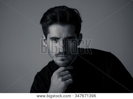 Portrait Of Young Handsome Manly Man Looking Sexy And Sensual With Beautiful Dark Ayes And Hair. Stu
