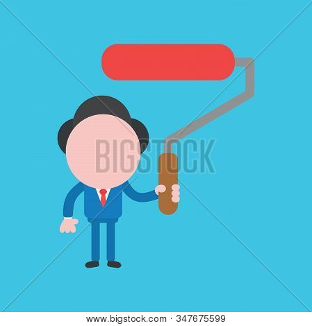 Vector Cartoon Illustration Concept Of Faceless Businessman Mascot Character Holding Red Paint Rolle