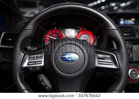Novosibirsk, Russia - January 20, 2020:  Subaru Impreza Wrx Sti  , Dashboard, Player, Steering Wheel