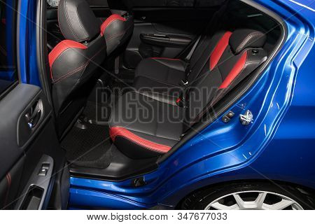 Novosibirsk, Russia - January 20, 2020:  Subaru Impreza Wrx Sti  ,close-up Of The Black   And Red Le