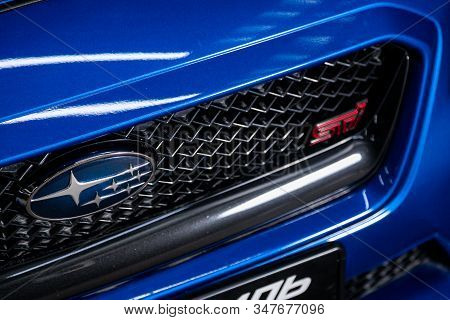 Novosibirsk, Russia - January 20, 2020:  Subaru Impreza Wrx Sti  ,  Close-up Of The  Bumper, Logo Ra