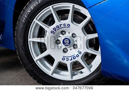 Novosibirsk, Russia - January 20, 2020:  Subaru Impreza Wrx Sti  , Close-up Of The Bumper, Alloy Whe