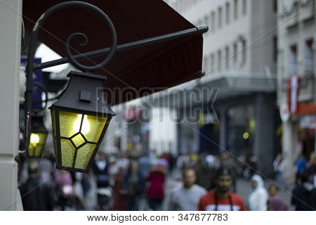Old-style Decorative Street Lamp. Close-up. Withdrew From The Side..