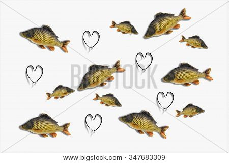 Fishing Hook Love Heart Sign With Carp Fish Isolated On A White Background. Fishing Tackle. Stainles