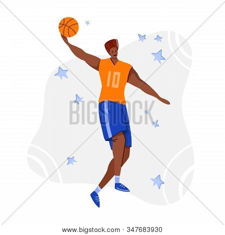 Basketball Player With Ball On Playground, African American Man Playing Match, Guy Jumps And Throws 
