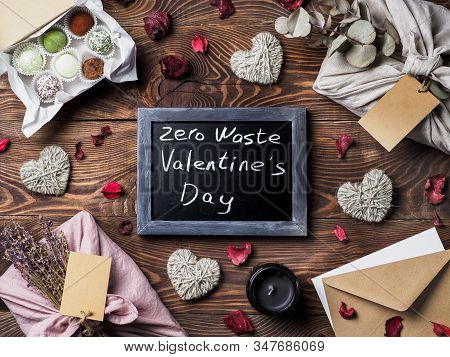 Zero Waste Valentines Day Concept. Eco-friendly Gift Cloth Wrapping In Furoshiki Style, Homemade Swe