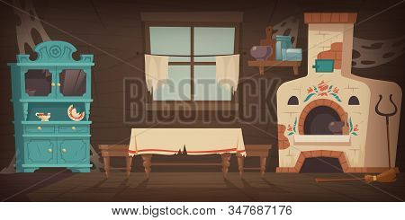 Abandoned Old Russian, Ukrainian Rural House With Oven, Dirty Cupboard And Table, Torn Curtains On T