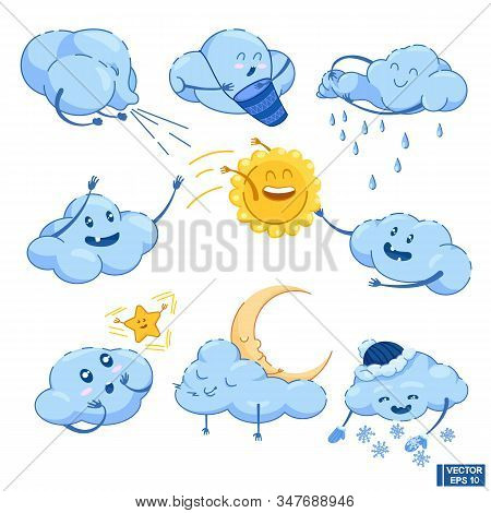 Funny Happy Smiley Clouds And Cute Sun, And Halfmoon.