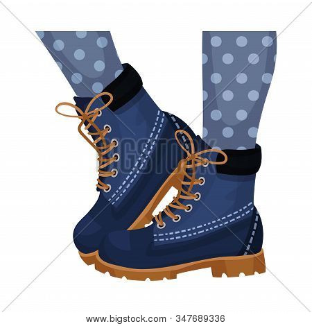 Low Shoes Or Boots With Thick Sole And Shoelace For Autumn Or Spring Season Vector Illustration
