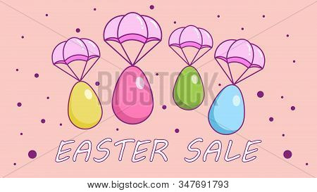 Easter Sale Offer. Easter Eggs Fly Parachutes. Colored Eggs, Isolated On Pink Background. Cartoon St