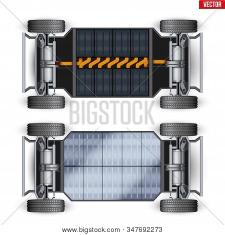 Electric Car Chassis With Battery. Vehicle Frame With Batteries And Transmission On Rechargeable Eco