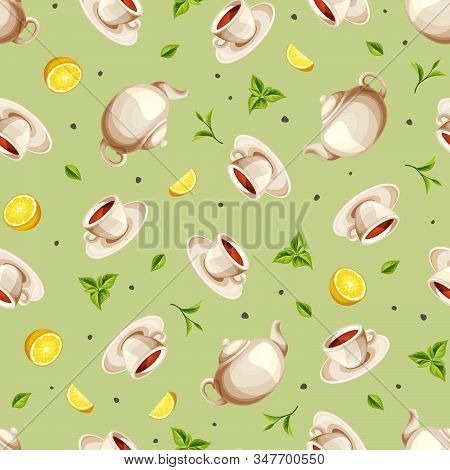 Vector Seamless Pattern With Teapots, Cups Of Tea, Lemons And Tea Leaves On A Green Background.