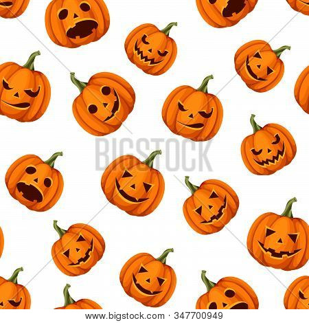 Vector Seamless Pattern With Jack-o-lanterns (halloween Pumpkins) On A White Background.
