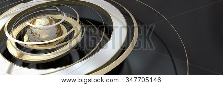 3D rendering of a glolden earth with swirls suggesting orbits and rotation