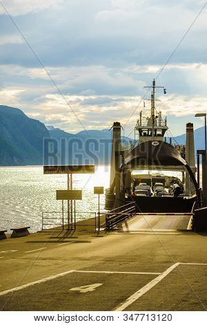 Eidsdal, Norway - July 28, 2018: Car Ferry Connection Eidsdal - Linge, Norddal Municipality In More 