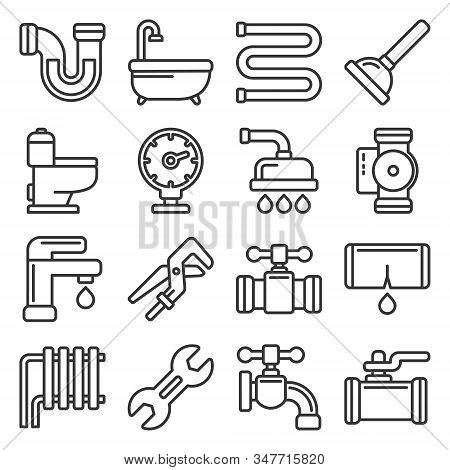 Plumbing Icons Set On White Background. Line Style Vector