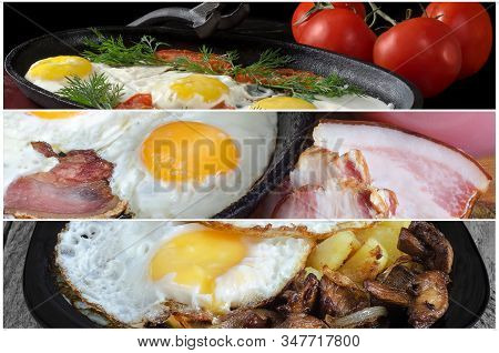 English Breakfast Of Scrambled Eggs With Various Additives. Collage Of Three Photos