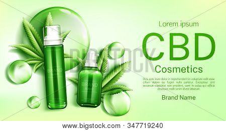 Cbd Cosmetics Bottles With Cannabis Leaves And Bubbles Web Banner Mockup, Glass Tubes With Hemp Cann