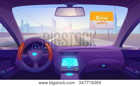 Car Interior Inside With Gps On Dashboard And Day Time View Through Windshield On Road And Cityscape