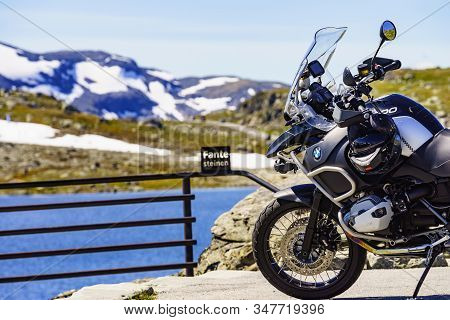 Sognefjellet, Norway - July 7, 2018: Bmw Motorcycle In Sognefjell Mountain Area At The Highest Point