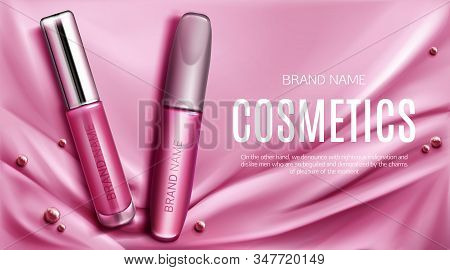 Lip Gloss And Mascara Tubes Mockup Banner Top View, Liquid Lipstick With Silver Cap Make Up Cosmetic