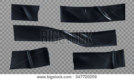 Black Duct Tape Pieces Set. Insulating Adhesive Stripes With Wrinkles. Sticky Scotch For Fix, Repair