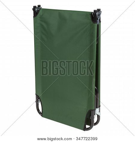 Green Camp Bed For Camping Or Travel, On A White Background, Folded