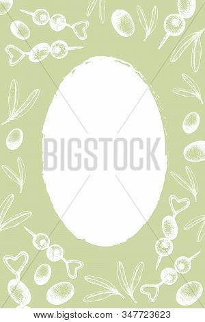 Branch Of Olives, Leaves And Berries Of An Olive Tree On A Green Background. Graphic Sketch, Vector 