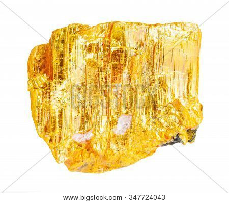 Closeup Of Sample Of Natural Mineral From Geological Collection - Rough Orpiment Rock Isolated On Wh