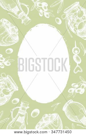 Branch Of Olives, Leaves And Berries Of An Olive Tree On A Green Background. Graphic Sketch, Vector 