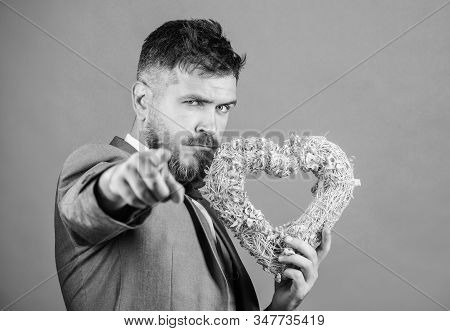 Happy Valentines Day. Hipster Hold Heart Symbol Love. Bring Love To Family Holiday. Romantic Surpris