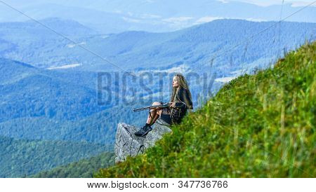 Military Service. Head Hunter Camouflage. Weapon Permit. Army Sniper. Weapon Shop Concept. Woman Ass