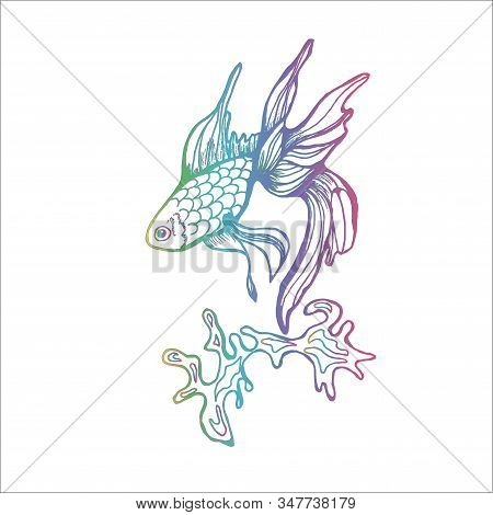 Color Illustration In The Form Of A Cockerel And Sea Wave Fish.